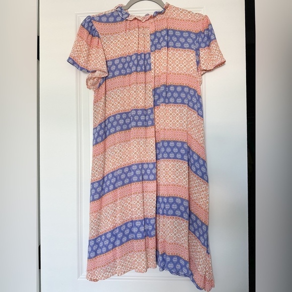C’est La Vie Boho Stripe Mini Dress Ruffle Crew Neck Blue and Orange XL - Picture 4 of 7